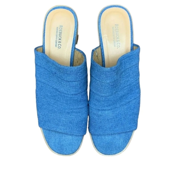 Roebuck & Co. Womens Slider Sandals Block Heels Shoes Blue Slip On 8 - Picture 3 of 8